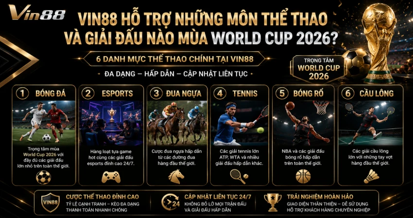 VIN88 Có Uy Tín Không? Nhà Cái World Cup 2026 Công Nghệ Xtool Hoàn Trả 1.7% | +88K 2026 30 VIN88 Hỗ Trợ Những Môn Thể Thao Và Giải Đấu Nào Mùa World Cup 2026?